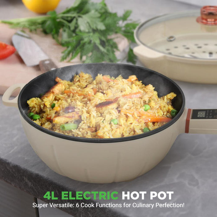 Multifunctional Electric Frying Pan - Non-Stick Pan With Durable Handle, 4L Large Capacity + 4L Steamer, 1000W, Designed With Control Panel, 3 Pin Us Plug (White)