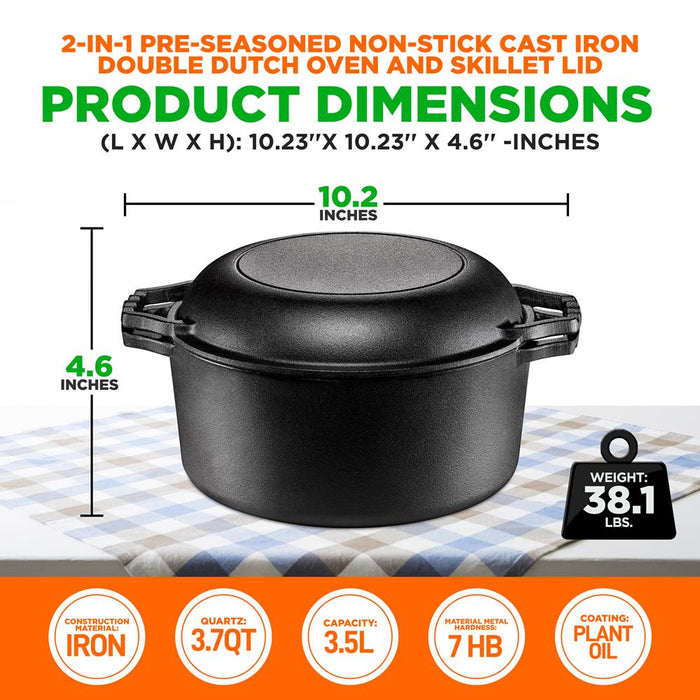 2-In-1 Pre-Seasoned Non-Stick Cast Iron Double Dutch Oven And Skillet Lid