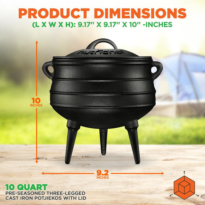 10 Quart Pre-Seasoned Three-Legged Cast Iron Potjiekos With Lid, African Pot With Metal Handle