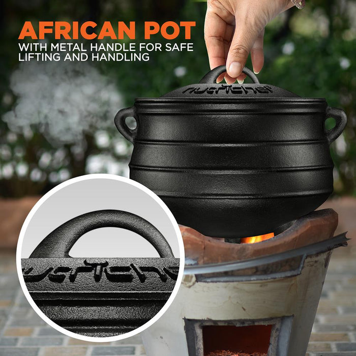 10 Quart Pre-Seasoned Three-Legged Cast Iron Potjiekos With Lid, African Pot With Metal Handle