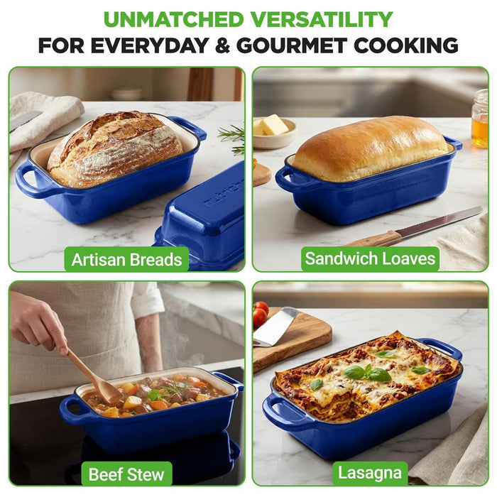 Nutrichef 9” X 5” Enamel-Coated Cast Iron Loaf Pan With Lid And Silicone Gloves Perfect For Baking, Stewing And Roasting (Blue)