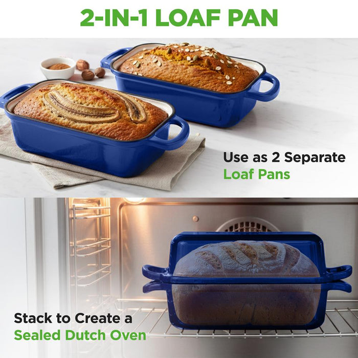 Nutrichef 9” X 5” Enamel-Coated Cast Iron Loaf Pan With Lid And Silicone Gloves Perfect For Baking, Stewing And Roasting (Blue)