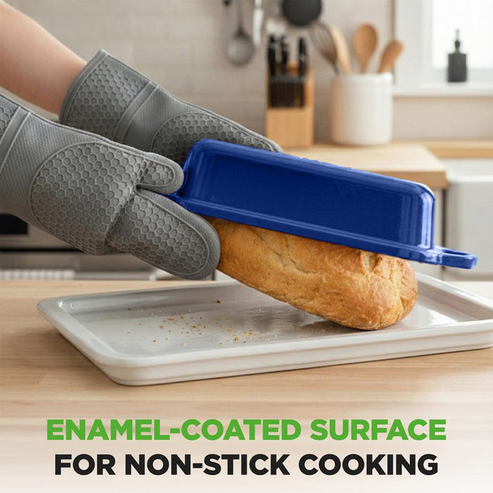 Nutrichef 9” X 5” Enamel-Coated Cast Iron Loaf Pan With Lid And Silicone Gloves Perfect For Baking, Stewing And Roasting (Blue)