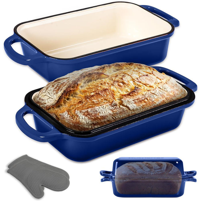 Nutrichef 9” X 5” Enamel-Coated Cast Iron Loaf Pan With Lid And Silicone Gloves Perfect For Baking, Stewing And Roasting (Blue)