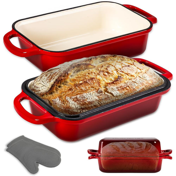 Nutrichef 9” X 5” Enamel-Coated Cast Iron Bread Loaf Pan With Lid, Handles And Silicone Gloves Perfect For Baking Bread And Sourdough Making (Red)