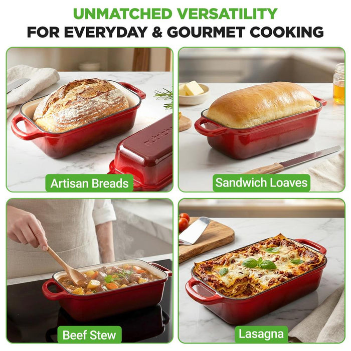 Nutrichef 9” X 5” Enamel-Coated Cast Iron Bread Loaf Pan With Lid, Handles And Silicone Gloves Perfect For Baking Bread And Sourdough Making (Red)