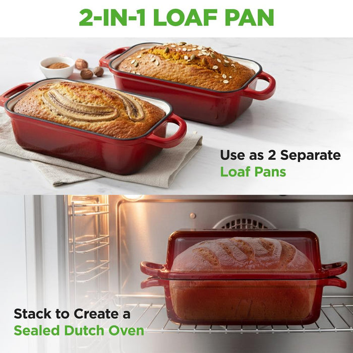 Nutrichef 9” X 5” Enamel-Coated Cast Iron Bread Loaf Pan With Lid, Handles And Silicone Gloves Perfect For Baking Bread And Sourdough Making (Red)