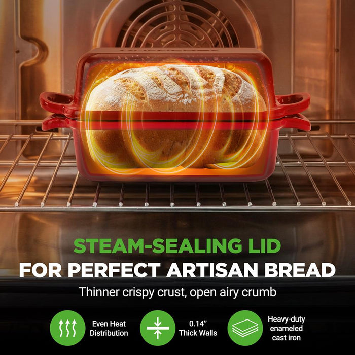 Nutrichef 9” X 5” Enamel-Coated Cast Iron Bread Loaf Pan With Lid, Handles And Silicone Gloves Perfect For Baking Bread And Sourdough Making (Red)