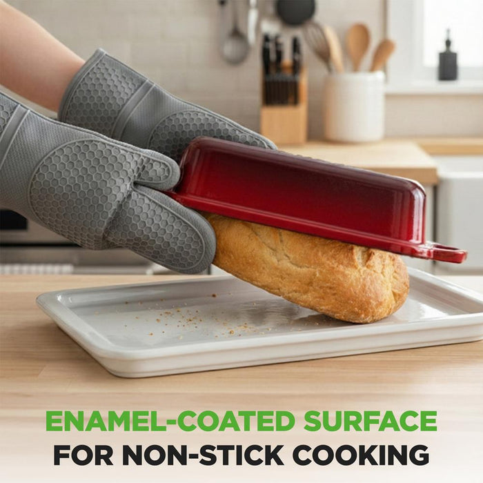 Nutrichef 9” X 5” Enamel-Coated Cast Iron Bread Loaf Pan With Lid, Handles And Silicone Gloves Perfect For Baking Bread And Sourdough Making (Red)