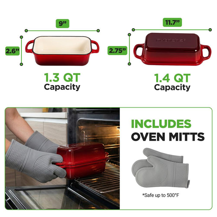 Nutrichef 9” X 5” Enamel-Coated Cast Iron Bread Loaf Pan With Lid, Handles And Silicone Gloves Perfect For Baking Bread And Sourdough Making (Red)