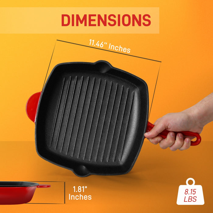 Kitchen Skillet Grill Pan - Square Cast Iron Skillet Grilling Pan With Non-Stick Enamel Coating