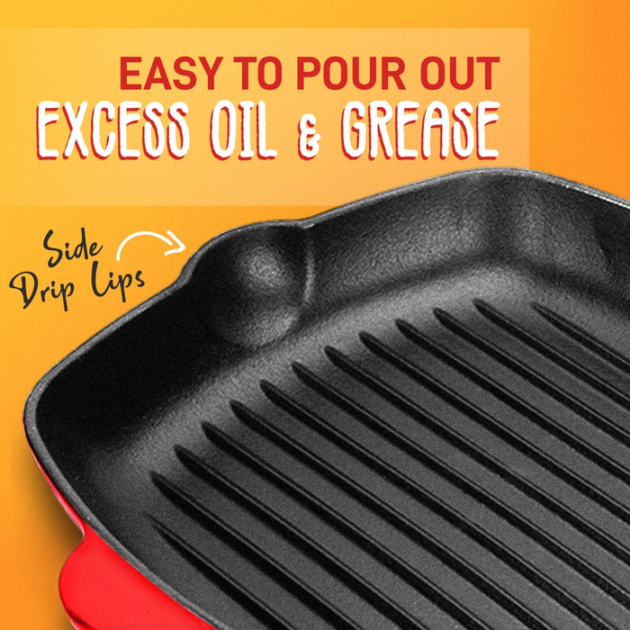 Kitchen Skillet Grill Pan - Square Cast Iron Skillet Grilling Pan With Non-Stick Enamel Coating