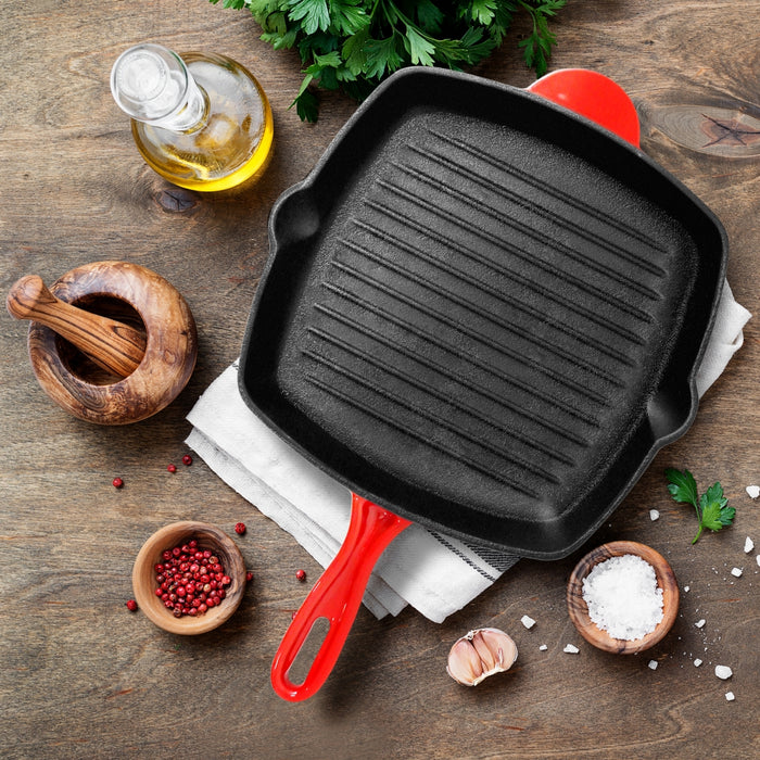 Kitchen Skillet Grill Pan - Square Cast Iron Skillet Grilling Pan With Non-Stick Enamel Coating