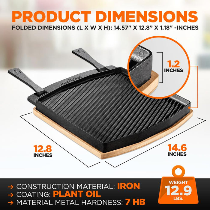 Cast Iron Flat Grill Plate Pan - Reversible Cast Iron Griddle, Classic Flat Grill Pan Design With Scraper