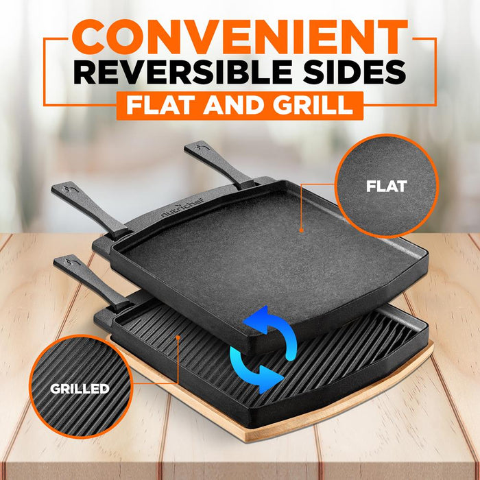 Cast Iron Flat Grill Plate Pan - Reversible Cast Iron Griddle, Classic Flat Grill Pan Design With Scraper