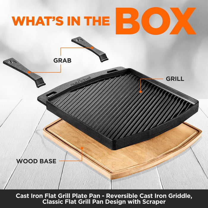 Cast Iron Flat Grill Plate Pan - Reversible Cast Iron Griddle, Classic Flat Grill Pan Design With Scraper