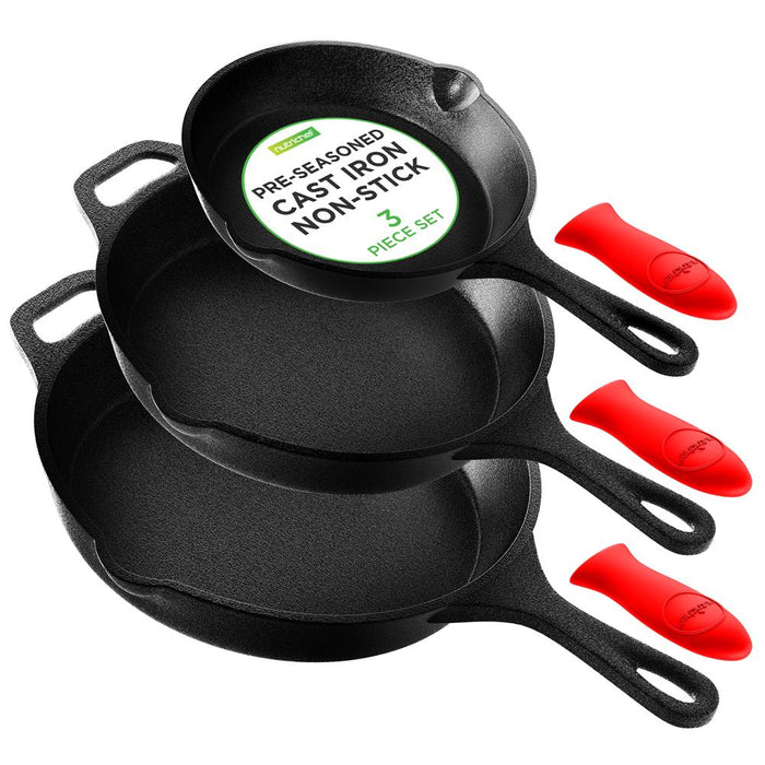 Kitchen Skillet Pans - Pre-Seasoned Iron Skillet Cooking Pan Set With Cool Touch Comfort Handles (3 Pcs.)