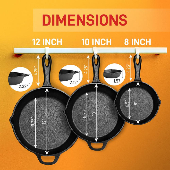 Kitchen Skillet Pans - Pre-Seasoned Iron Skillet Cooking Pan Set With Cool Touch Comfort Handles (3 Pcs.)