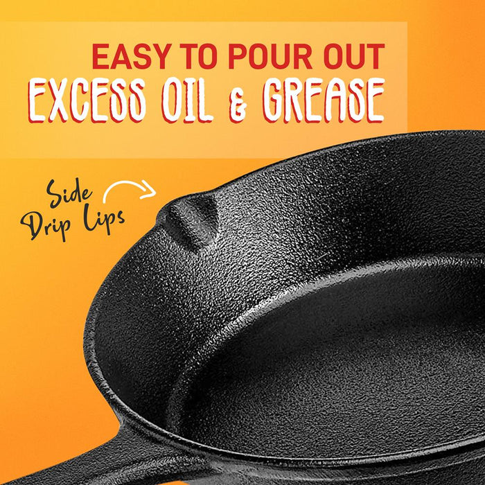 Kitchen Skillet Pans - Pre-Seasoned Iron Skillet Cooking Pan Set With Cool Touch Comfort Handles (3 Pcs.)