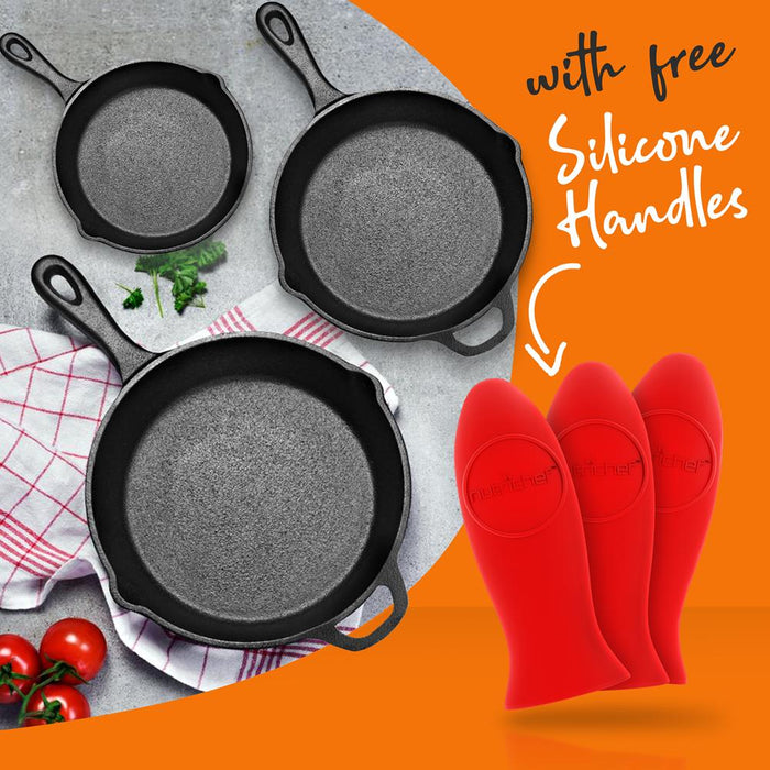 Kitchen Skillet Pans - Pre-Seasoned Iron Skillet Cooking Pan Set With Cool Touch Comfort Handles (3 Pcs.)