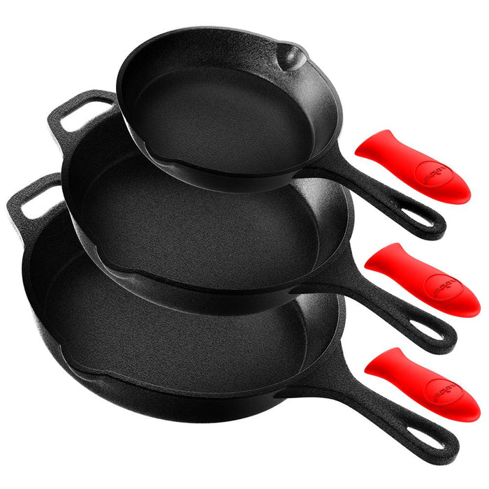 Kitchen Skillet Pans - Pre-Seasoned Iron Skillet Cooking Pan Set With Cool Touch Comfort Handles (3 Pcs.)