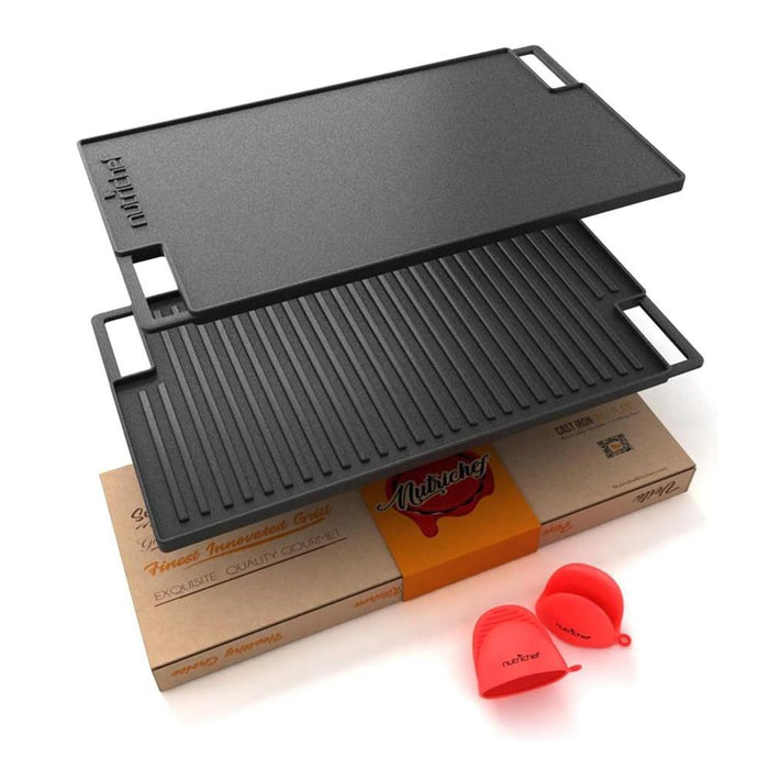 Kitchen Flat Grill Plate Pan - Reversible Cast Iron Griddle / Grilling Pan With Heat-Resistant Oven Grab Mitt