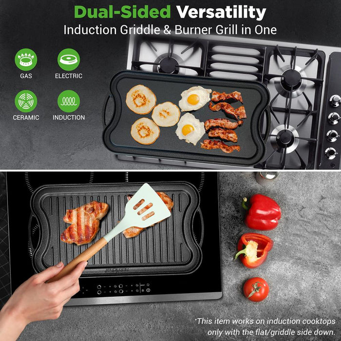 Kitchen Flat Grill Plate Pan - Reversible Cast Iron Griddle, Classic Flat Grill Pan Design With Scraper