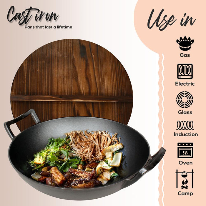 Pre-Seasoned Cooking Wok - Cast Iron Stir Fry Wok With Wooden Lid