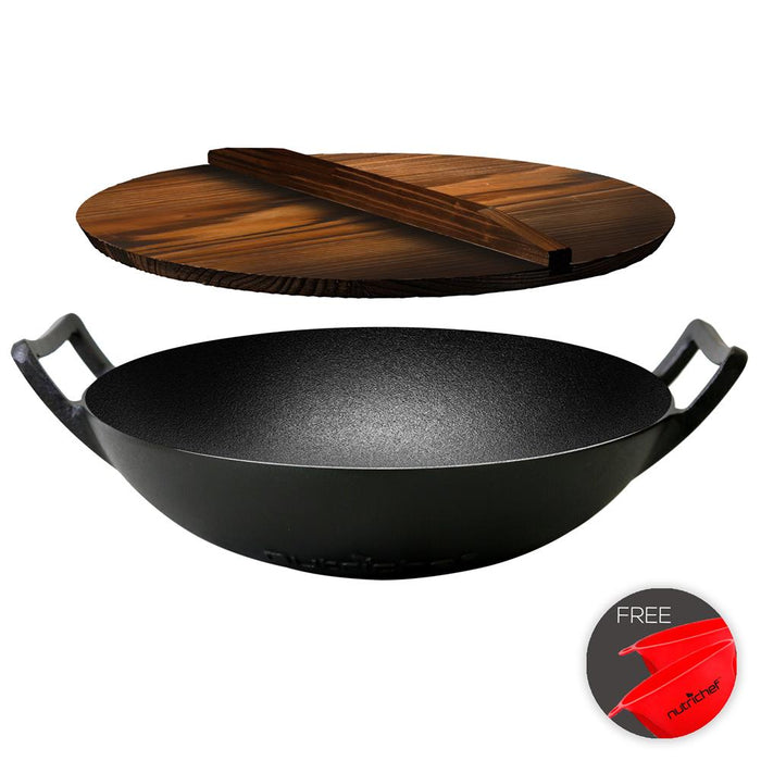 Pre-Seasoned Cooking Wok - Cast Iron Stir Fry Wok With Wooden Lid