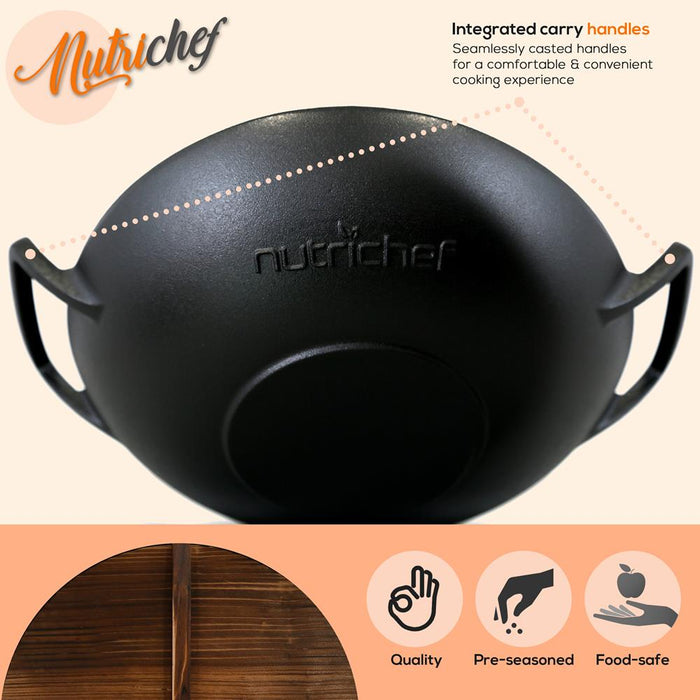 Pre-Seasoned Cooking Wok - Cast Iron Stir Fry Wok With Wooden Lid