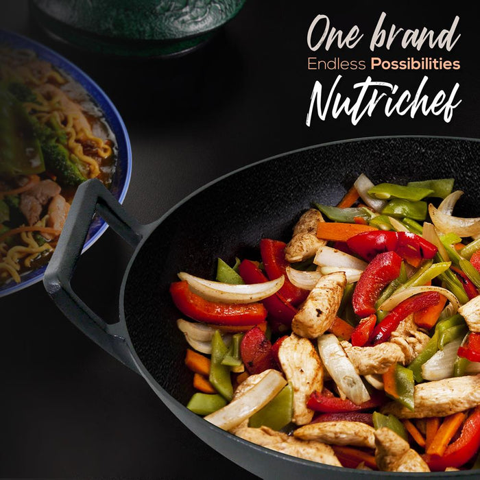 Pre-Seasoned Cooking Wok - Cast Iron Stir Fry Wok With Wooden Lid