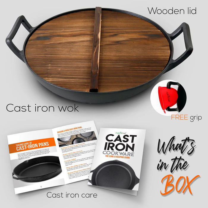 Pre-Seasoned Cooking Wok - Cast Iron Stir Fry Wok With Wooden Lid