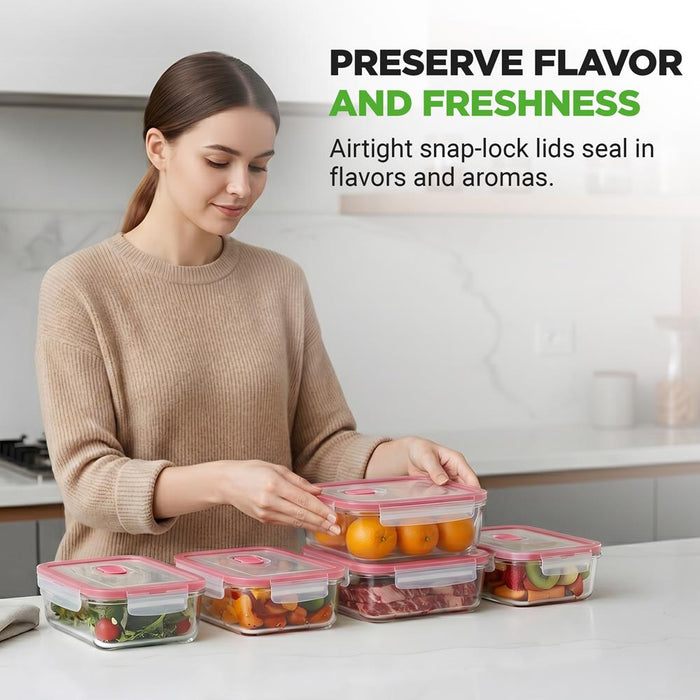 10-Piece Leakproof Glass Containers Set, Freezer-to-Oven Safe, Red