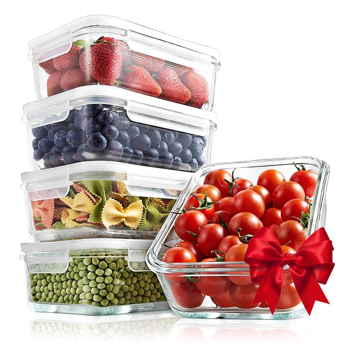 10-Piece Superior Glass Food Storage Containers Set - Stackable Design, Newly Bpa-Free Airtight Clear Locking Lids With Vent Lids & White Air Hole