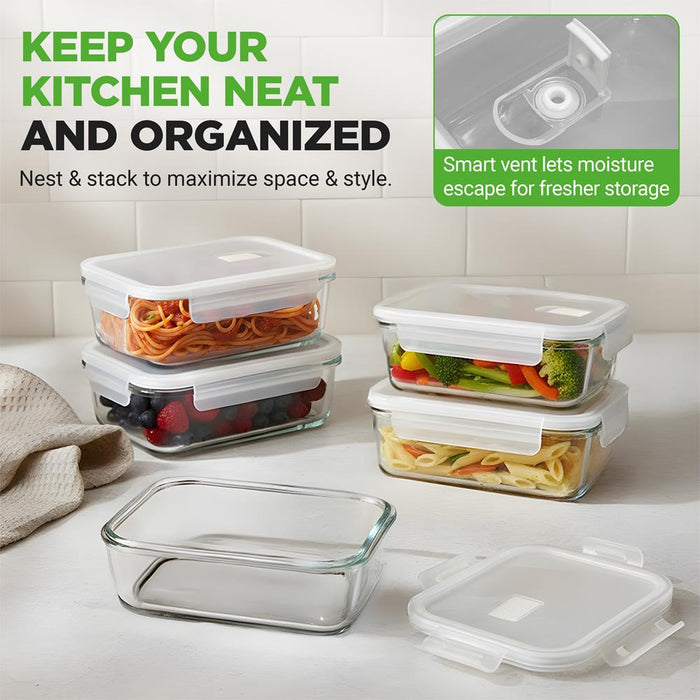 10-Piece Superior Glass Food Storage Containers Set - Stackable Design, Newly Bpa-Free Airtight Clear Locking Lids With Vent Lids & White Air Hole