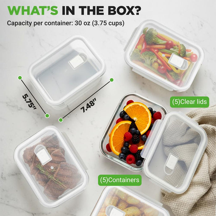 10-Piece Superior Glass Food Storage Containers Set - Stackable Design, Newly Bpa-Free Airtight Clear Locking Lids With Vent Lids & White Air Hole