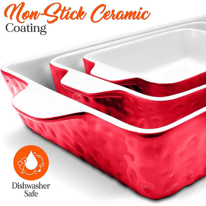 3-Pcs. Rectangular Ceramic Bakeware Set - Durable Baking Dishes Set, Odor-Free Hybrid Ceramic Non-Stick Baking Pans, Dishwasher Safe (Red)