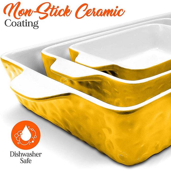 3-Pcs. Rectangular Ceramic Bakeware Set - Durable Baking Dishes Set, Odor-Free Hybrid Ceramic Non-Stick Baking Pans, Dishwasher Safe (Yellow)