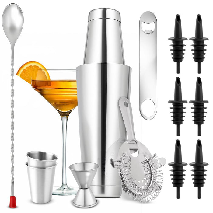 Cocktail Shaker Set 15 Pcs - Stainless Steel, Dishwasher Safe, Silver