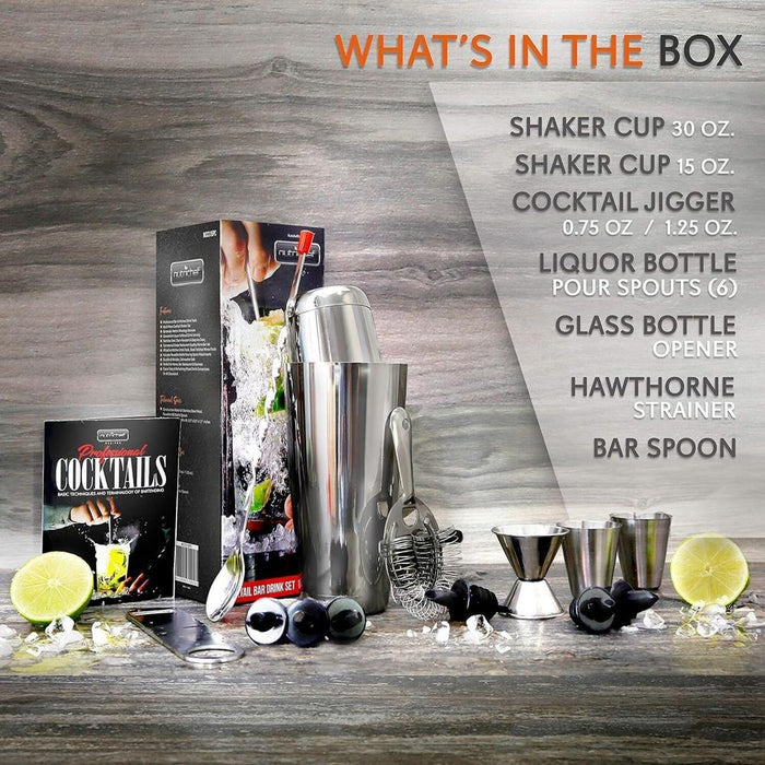 Cocktail Shaker Set 15 Pcs - Stainless Steel, Dishwasher Safe, Silver