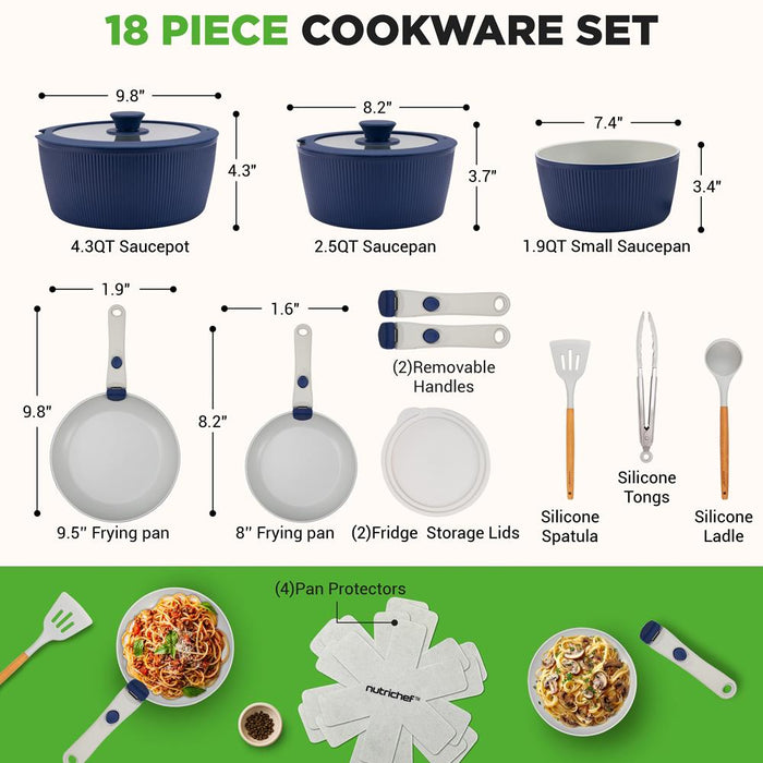 18-Piece Stylish Kitchen Cookware Set - Ceramic Nonstick Pots & Pans With Detachable Handles (Blue)