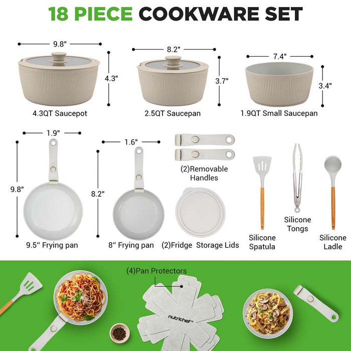 18-Piece Stylish Kitchen Cookware Set - Ceramic Nonstick Pots & Pans With Detachable Handles (Cream)