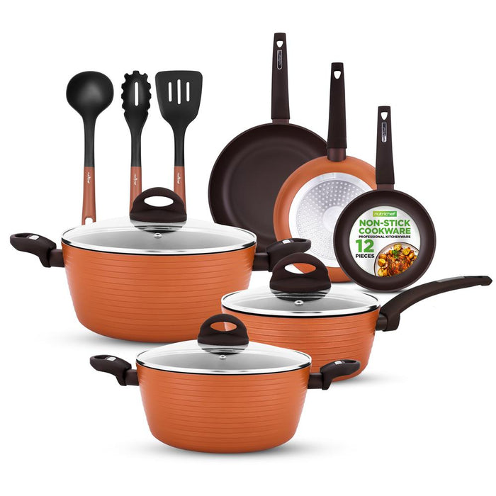 12-Piece Nonstick Cookware Set, Even Heat, Reinforced Aluminum, Brown
