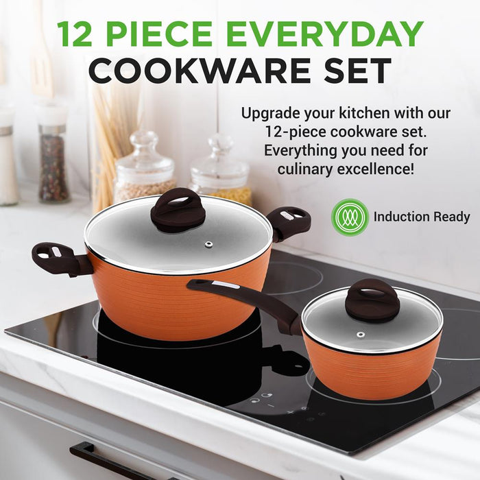 12-Piece Nonstick Cookware Set, Even Heat, Reinforced Aluminum, Brown