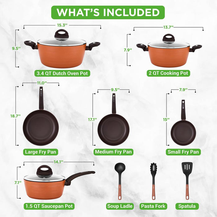12-Piece Nonstick Cookware Set, Even Heat, Reinforced Aluminum, Brown
