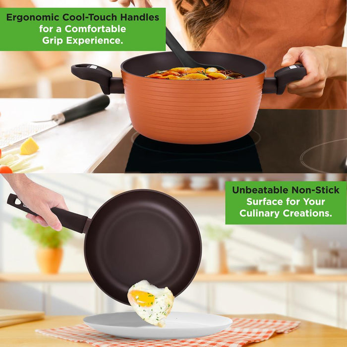 12-Piece Nonstick Cookware Set, Even Heat, Reinforced Aluminum, Brown