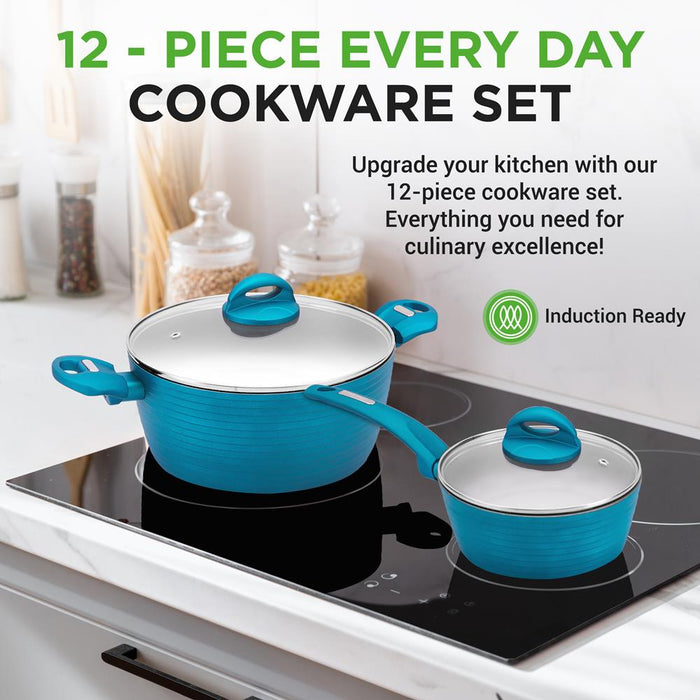 Kitchenware Pots & Pans Set - Stylish Kitchen Cookware, Non-Stick Coating Inside & Outside + Heat Resistant Lacquer Outside, Light Gray Inside And Green Outside (12-Piece Set)