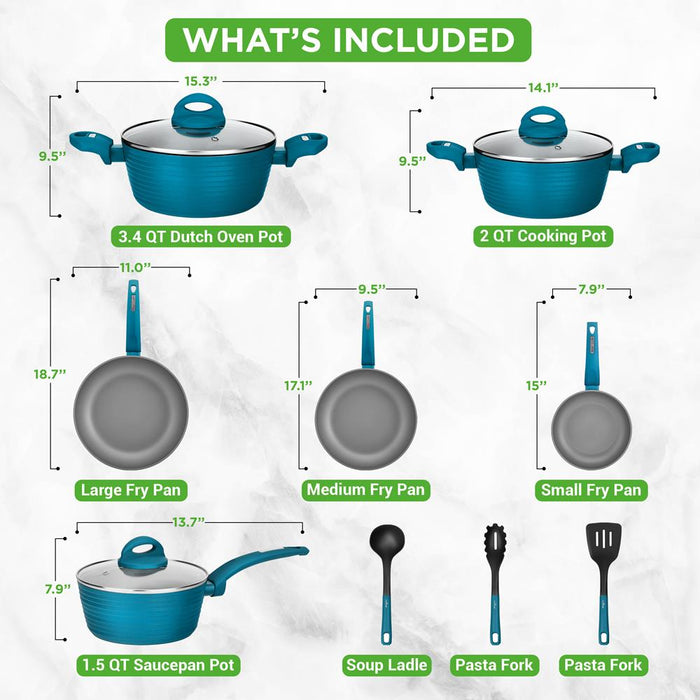 Kitchenware Pots & Pans Set - Stylish Kitchen Cookware, Non-Stick Coating Inside & Outside + Heat Resistant Lacquer Outside, Light Gray Inside And Green Outside (12-Piece Set)