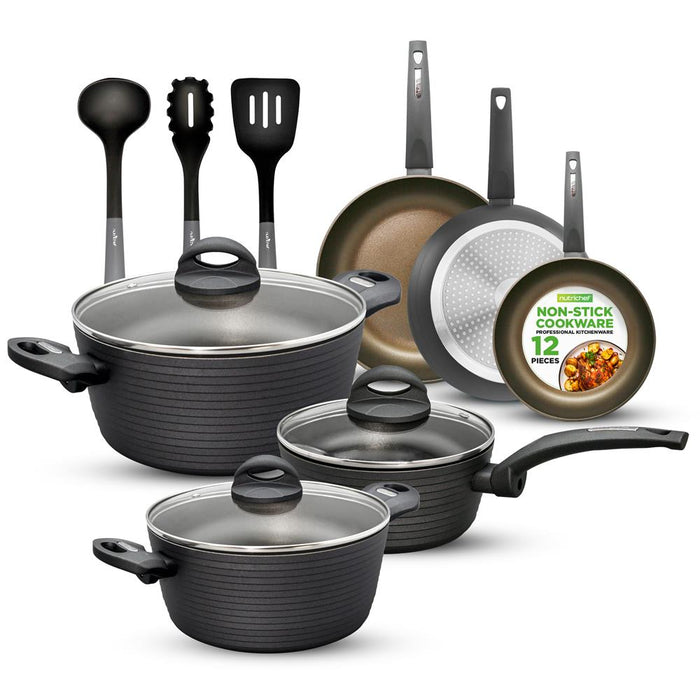 Kitchenware Pots & Pans - Stylish Kitchen Cookware Set With Stylish Metallic Ridge-Line Pattern, Non-Stick (12-Piece Set)