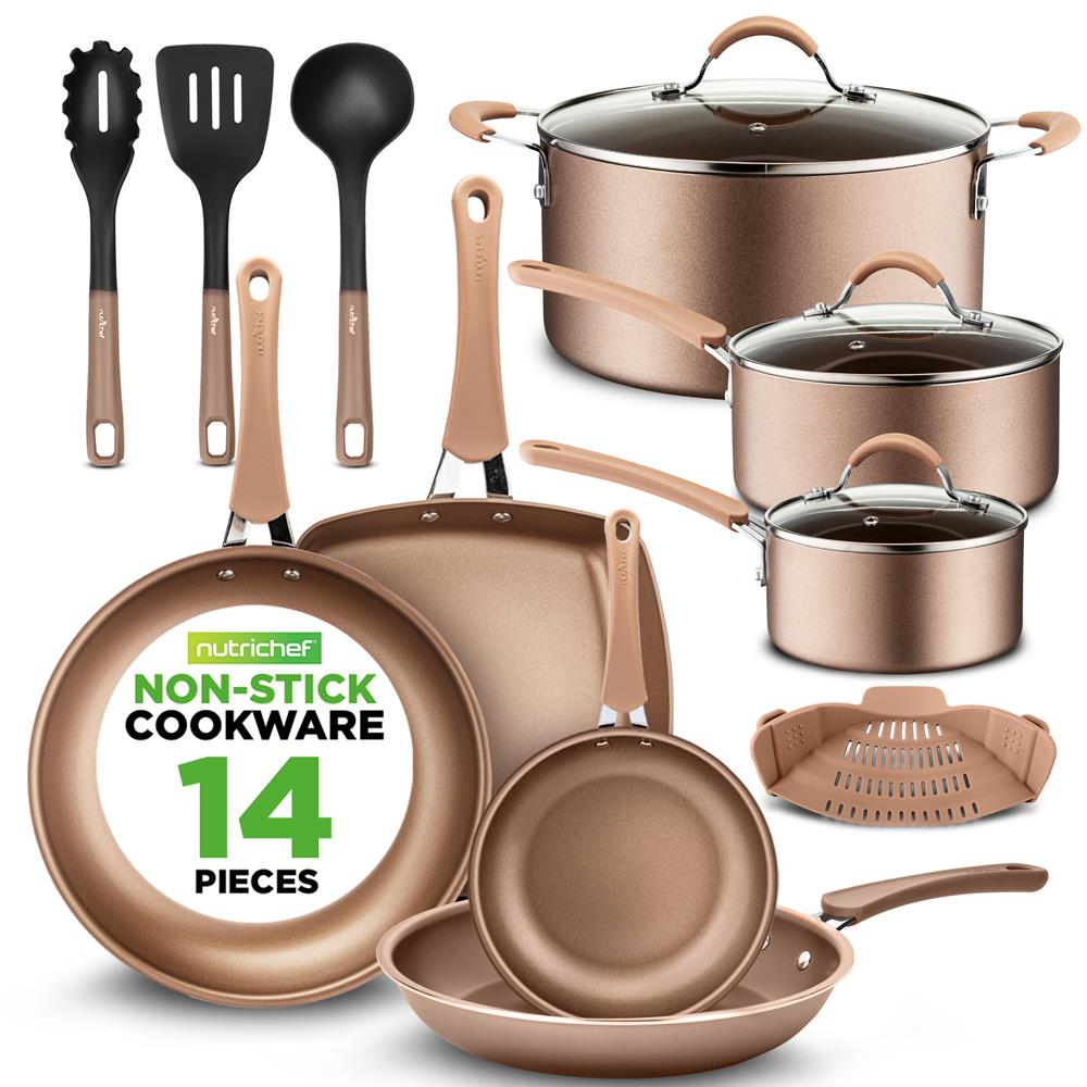 14-Piece Nonstick Cookware Set, Even Heat, Golden — NutriChef Kitchen